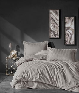 Lenjerie de pat din bumbac Satinat Premium Stripe Bej, 200 x 220 cm