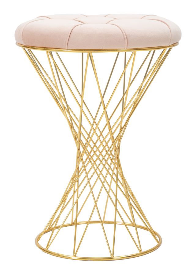Taburet tapitat cu stofa si picioare metalice, Tower Velvet Roz / Auriu, Ø41xH54 cm