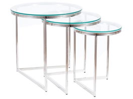 Set 3 mese de cafea din sticla si metal, Triton Transparent / Crom, Ø55xH56 cm / Ø45xH51 cm / Ø35xH46 cm