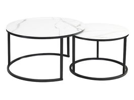 Set 2 mese de cafea din sticla si metal, Atalie C Alb / Negru, Ø80xH45 cm / Ø60xH42 cm