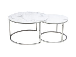 Set 2 mese de cafea din sticla si metal, Atalie B Alb / Crom, Ø80xH45 cm / Ø60xH42 cm