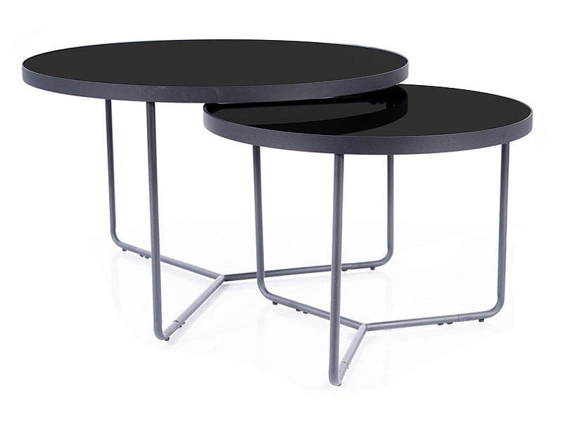 Set 2 mese de cafea din sticla si metal, Irving Negru, Ø80xH50 cm / Ø60xH45 cm