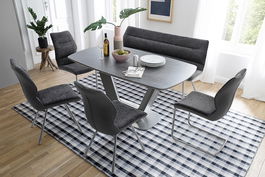 Set masa extensibila din MDF, ceramica si metal Jaruk Antracit / Gri + 4 scaune tapitate cu stofa si piele ecologica Orlando Antracit / Crom + 1 banca tapitata cu stofa Orlando Antracit / Crom, L160-200xl90xH76 cm
