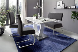 Set masa extensibila din MDF, sticla si metal Nicolo Alb / Crom + 2 scaune tapitate cu stofa Foshan Antracit / Crom + 1 banca tapitata cu stofa Foshan Antracit / Crom, L140-180xl90xH76 cm