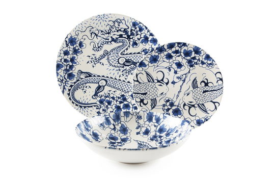 Set vesela din ceramica, 18 piese, Zen Dinner Alb / Albastru