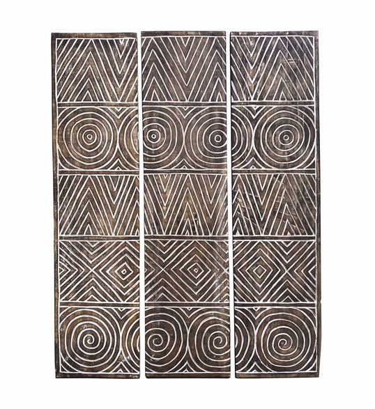 Decoratiune de perete, din lemn de mango, 3 piese, Geometric Carved Natural, 105 x 140 cm