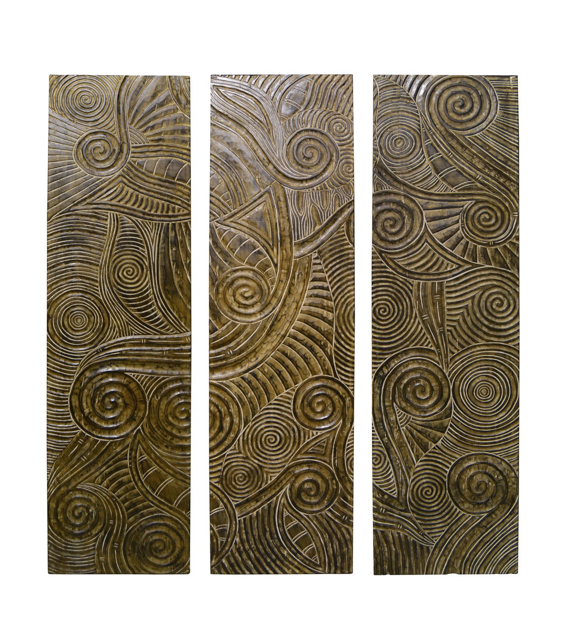 Decoratiune de perete, din lemn de tec, 3 piese, Large Carved Natural, 150 x 180 cm