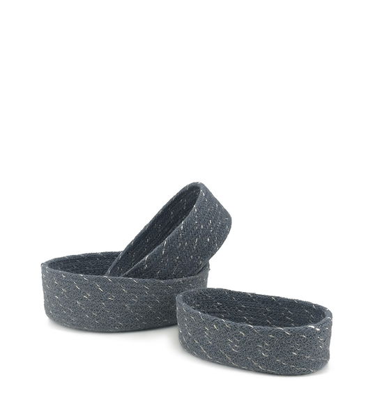 Set 3 cosuri pentru depozitare din iuta, Oval S3 Bleumarin, L23xl14xH7 cm / L20xl12xH6 cm / L18xl10xH5 cm