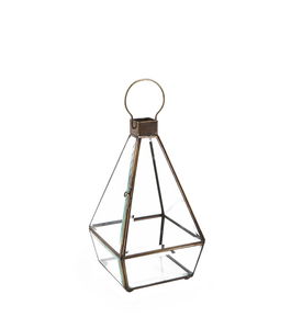 Felinar decorativ din sticla si metal, Pyramid Bezel Large Transparent / Alama, L16xl16xH28 cm