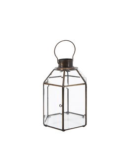 Felinar decorativ din sticla si metal, Hexagonal Bezel Small Transparent / Alama, L15xl13xH22 cm