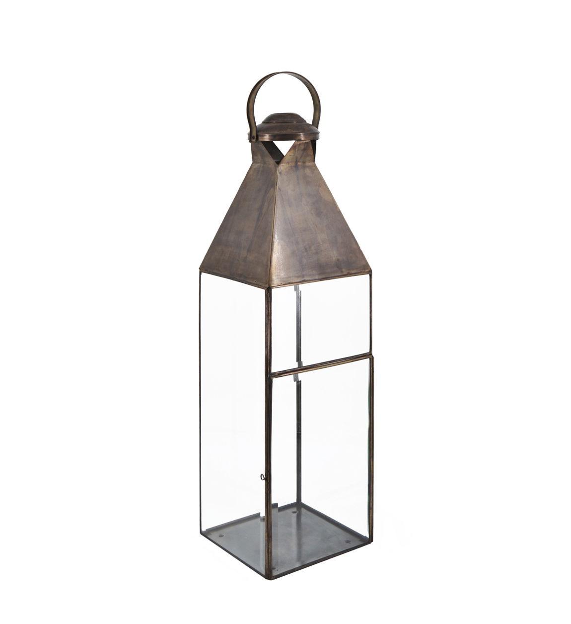 Felinar decorativ din sticla si metal, Rectangular Bezel Small Transparent / Alama, L20xl20xH70 cm