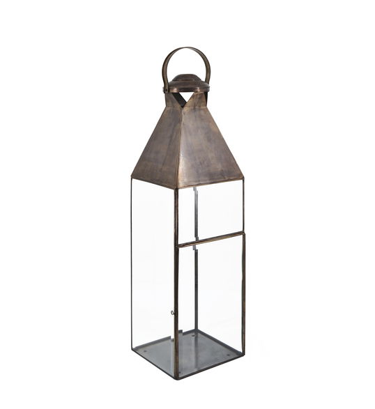 Felinar decorativ din sticla si metal, Rectangular Bezel Small Transparent / Alama, L20xl20xH70 cm