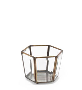 Suport lumanare din sticla si metal, Hexagonal Bezel Transparent / Alama, L11xl9xH8 cm