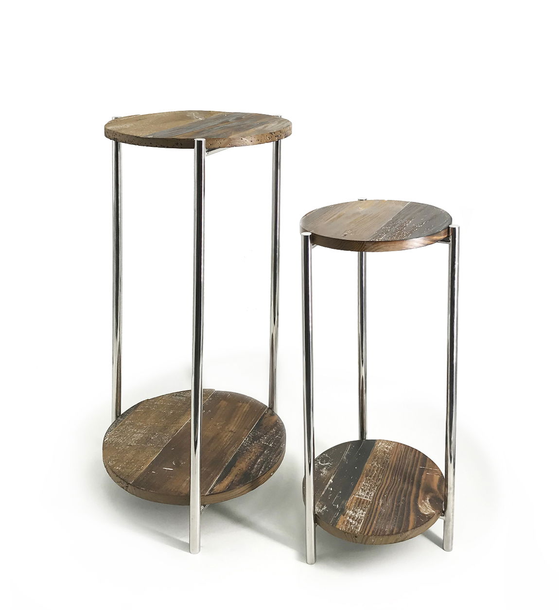 Set 2 masute suport telefon / flori, din lemn si metal, Leroy Natural / Crom, Ø37xH83 cm / Ø30xH68 cm