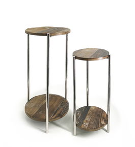 Set 2 masute suport telefon / flori, din lemn si metal, Leroy Natural / Crom, Ø37xH83 cm / Ø30xH68 cm