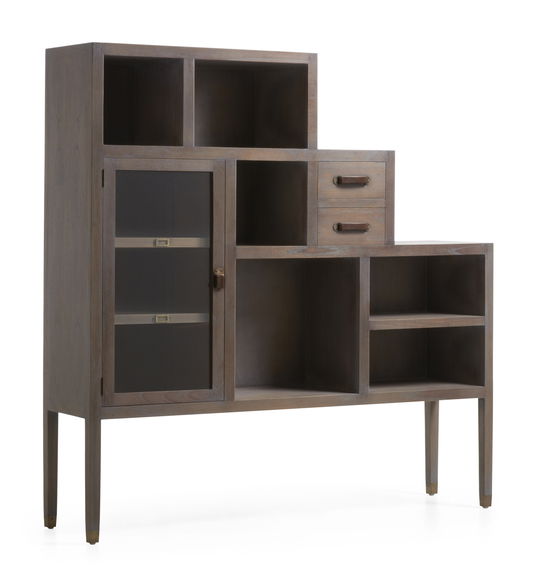 Biblioteca din lemn si metal, cu 2 sertare si 1 usa, Spartan Maro Inchis, l150xA35xH150 cm