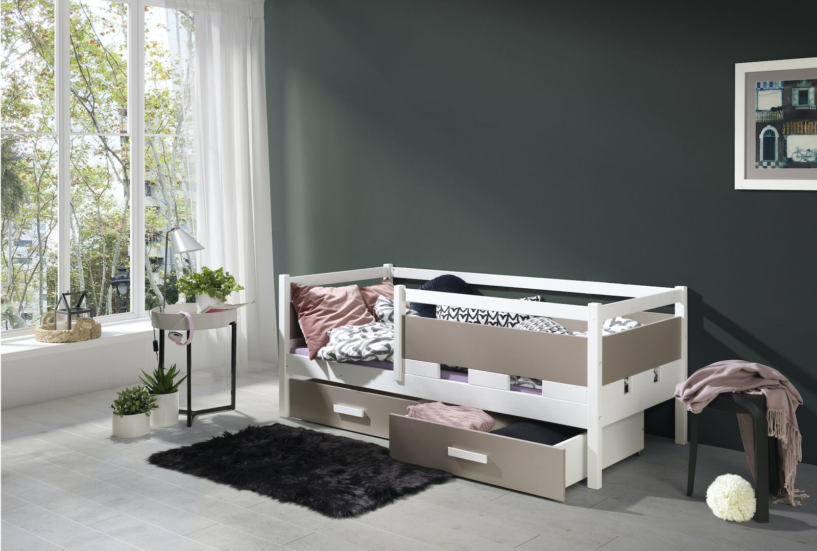 Pat din lemn de pin si pal cu 2 sertare, pentru copii Polar, 200 x 90 cm