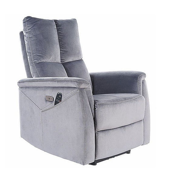 Fotoliu Recliner cu mecanism electric, functie masaj si port USB, tapitat cu stofa, Newlyn M Velvet Gri, l76xA94xH96 cm