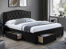 Pat tapitat cu stofa, cu 4 sertare Eleadora Velvet Negru, 200 x 160 cm