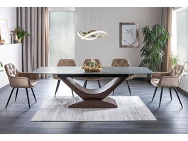 Set masa extensibila din ceramica, MDF si sticla, Dorsey Gri / Nuc + 6 Scaune tapitate cu stofa si picioare metalice, Clyde Velvet Bej / Negru, L180-240xl95xH76 cm