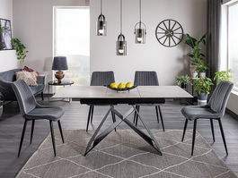 Set masa extensibila din ceramica, sticla si metal, Wesley SC Alb / Negru Mat + 4 Scaune tapitate cu stofa si picioare metalice, Kimberly Velvet Gri / Negru, L120-160xl80xH76 cm