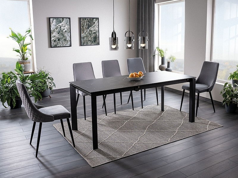 Set masa extensibila din ceramica, sticla si metal, Metrapolaris Negru + 6 Scaune tapitate cu stofa si picioare metalice, Pirro B Velvet Gri / Negru, L120-180xl80xH76 cm