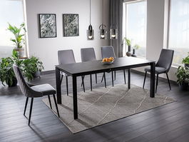 Set masa extensibila din ceramica, sticla si metal, Metrapolaris Negru + 6 Scaune tapitate cu stofa si picioare metalice, Pirro B Velvet Gri / Negru, L120-180xl80xH76 cm