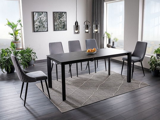 Set masa extensibila din ceramica, sticla si metal, Metrapolaris Negru + 6 Scaune tapitate cu stofa si picioare metalice, Pirro B Velvet Gri / Negru, L120-180xl80xH76 cm
