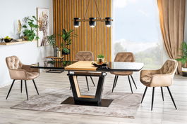 Set masa extensibila din MDF, sticla si metal, Sygurd Stejar / Negru + 4 Scaune tapitate cu stofa si picioare metalice, Clyde Velvet Bej / Negru, L160-220xl90xH76 cm