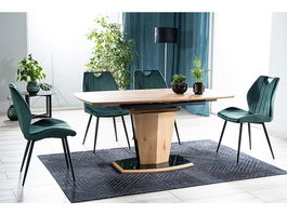 Set masa extensibila din MDF, sticla si furnir, Huddy Stejar / Negru + 4 Scaune tapitate cu stofa si picioare metalice, Arben Velvet Verde Inchis / Negru, L120-160xl80xH76 cm
