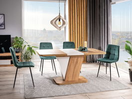 Set masa extensibila din pal, Crosby Stejar Wotan / Alb + 4 Scaune tapitate cu stofa si picioare metalice, Miley Velvet Verde Inchis / Negru, L120-160xl80xH76 cm