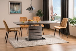 Set masa extensibila din MDF si sticla, Leonid Gri / Negru + 4 Scaune tapitate cu stofa si picioare metalice, Chase Velvet Mustariu / Negru, L140-180xl80xH76 cm