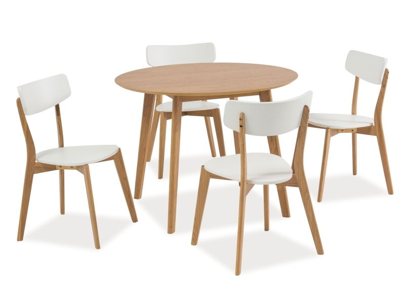 Set masa rotunda din MDF, furnir si lemn, Mosley II Stejar + 4 Scaune din lemn si MDF, Mosley Alb / Stejar, Ø90xH75 cm