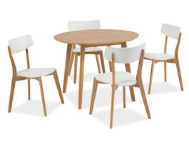 Set masa rotunda din MDF, furnir si lemn, Mosley II Stejar + 4 Scaune din lemn si MDF, Mosley Alb / Stejar, Ø90xH75 cm