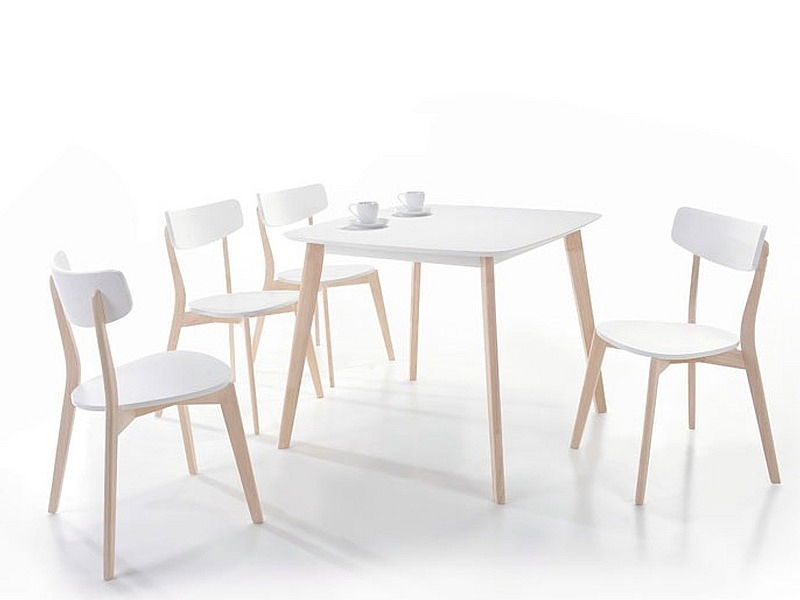 Set masa din MDF si lemn, Tiberio Alb / Stejar White Wash + 4 Scaune din lemn si MDF, Tiberio Alb / Stejar White Wash, L90xl80xH75 cm