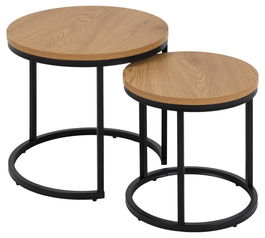 Set 2 mese de cafea din pal si metal, Spiro II Stejar Wild / Negru, Ø45xH40 cm / Ø35xH35 cm
