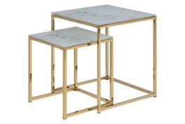 Set 2 mese de cafea din sticla si metal, Alisma Square Alb / Auriu, L45xl45xH50 cm / L35xl35xH40 cm