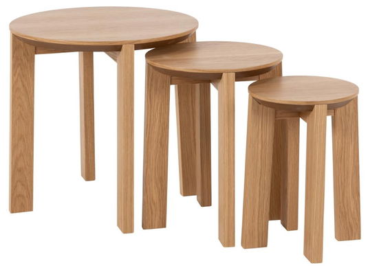Set 3 mese de cafea din furnir si lemn, Maxime Stejar, Ø50xH50 cm / Ø35xH40 cm / Ø27xH45 cm