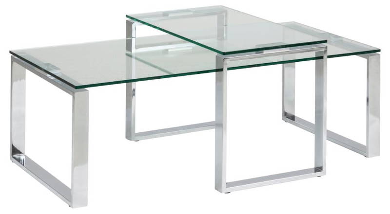Set 2 mese de cafea din sticla si metal, Katrine Transparent / Crom, L115xl55xH37,5 cm / L69xl40xH45 cm