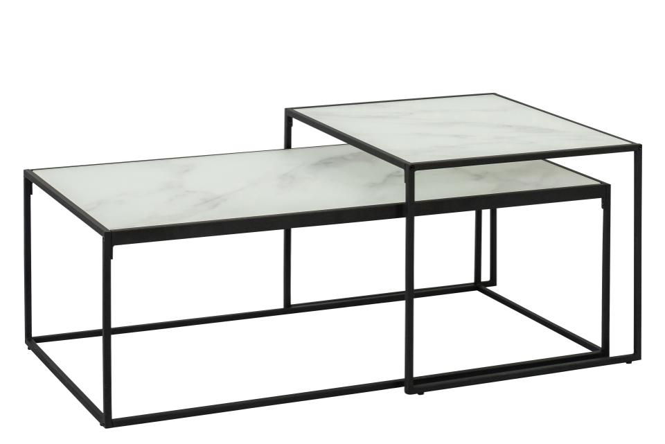 Set 2 mese de cafea din sticla si metal, Bolton Alb / Negru, L100xl40xH35 cm / L50xl55xH43 cm