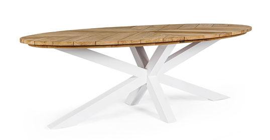Masa de gradina / terasa din lemn de tec si metal, Palmdale Oval Natural / Alb, L240xl110xH77 cm