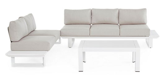 Set mobilier pentru gradina / terasa, Konnor Gri Deschis / Alb, canapea 2 locuri + canapea 3 locuri + masa de cafea