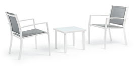 Set masa de cafea + 2 scaune pentru gradina / terasa, din sticla, material textil si metal, Auri Gri / Alb, L45xl45xH38 cm