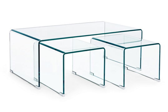 Set 3 mese de cafea din sticla, Iride Rectangular Transparent, L110xl60xH41 cm / L40xl50xH35 cm