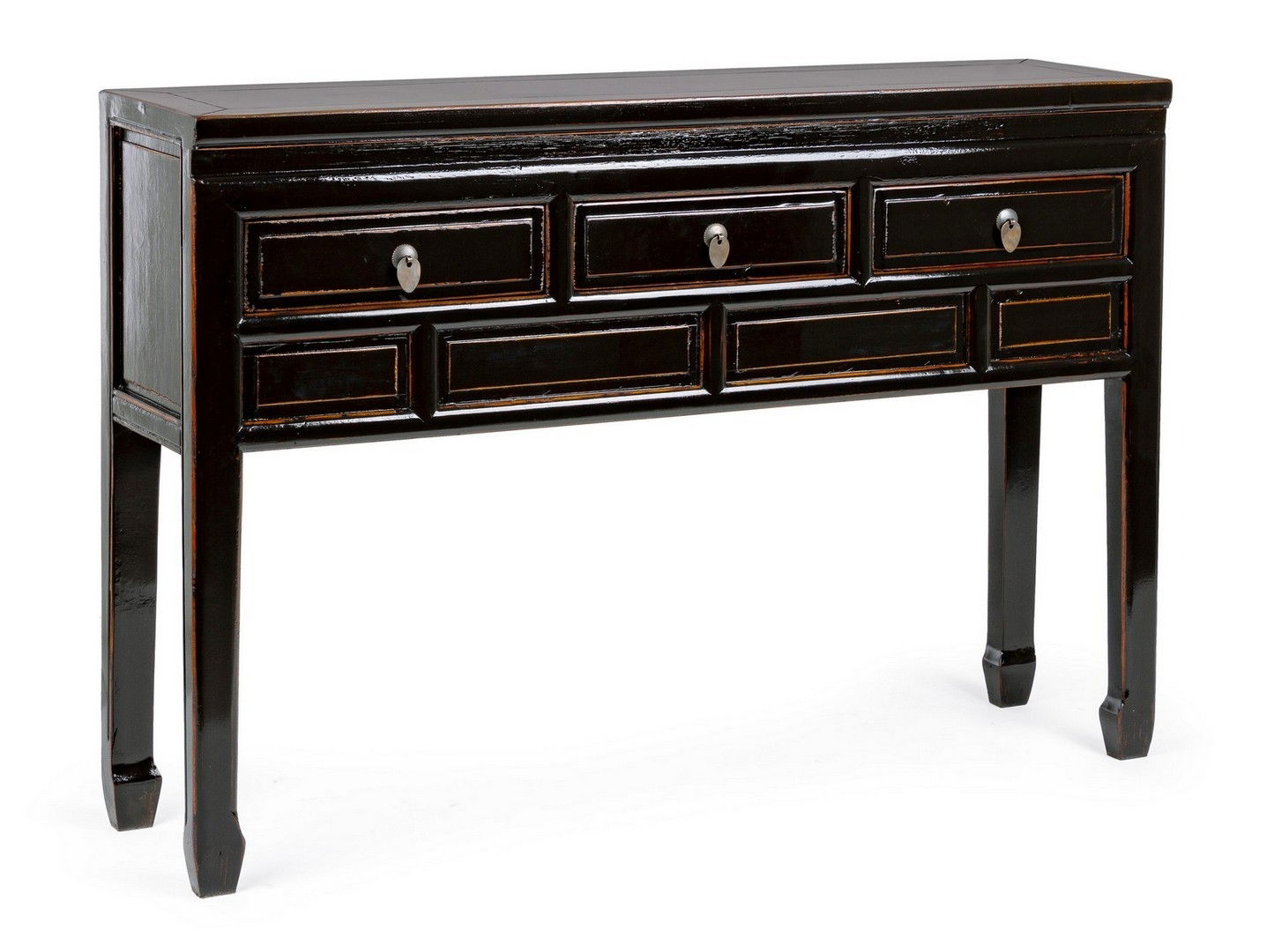 Consola din lemn reciclat de ulm, cu 3 sertare, Jinan Negru, l128xA30xH88 cm