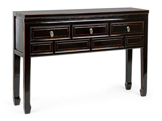 Consola din lemn reciclat de ulm, cu 3 sertare, Jinan Negru, l128xA30xH88 cm