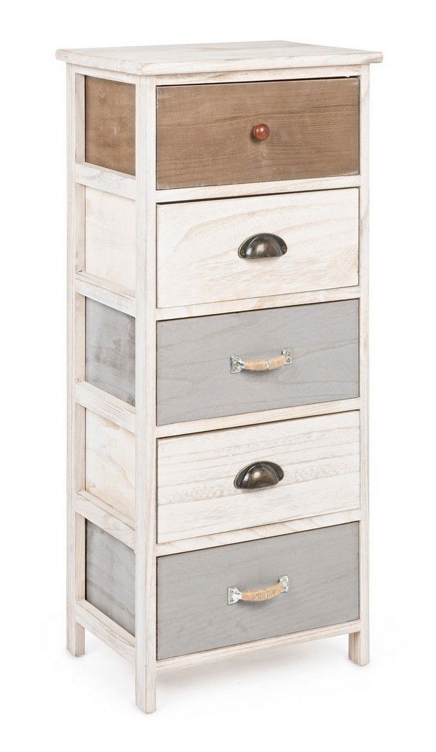 Cabinet din lemn de Paulownia si MDF, cu 5 sertare Madyson Ivoir / Gri, l40xA29xH90 cm