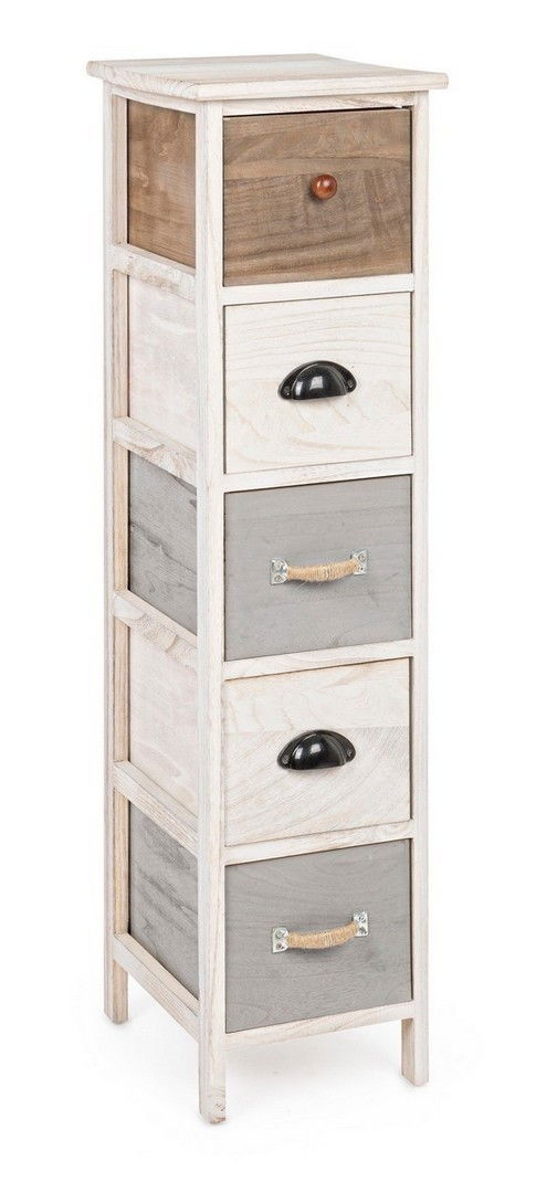 Cabinet din lemn de Paulownia si MDF, cu 5 sertare Madyson Slim Ivoir / Gri, l26xA32xH98 cm