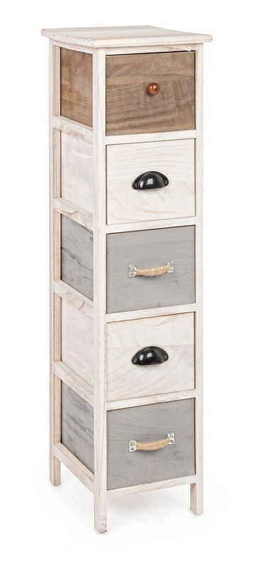 Cabinet din lemn de Paulownia si MDF, cu 5 sertare Madyson Slim Ivoir / Gri, l26xA32xH98 cm