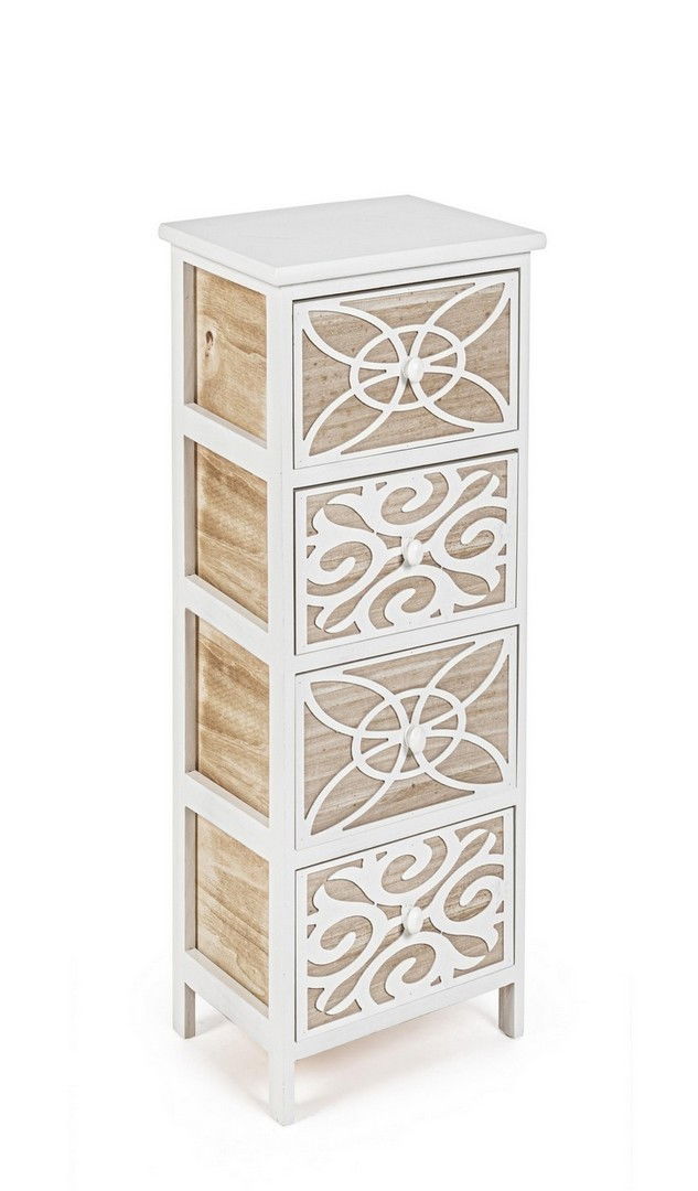 Cabinet din lemn de Paulownia si MDF, cu 4 sertare Pattern Slim Alb / Natural, l26xA32xH80 cm